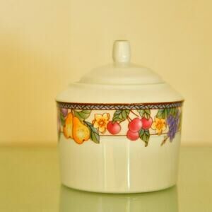 SUGAR BOWL signed American Atelier, 3379, fruit & flowers,